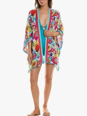 Trina Turk Fontaine Multicolor Floral Fringe Swim Cover-Up Tunic Kimono